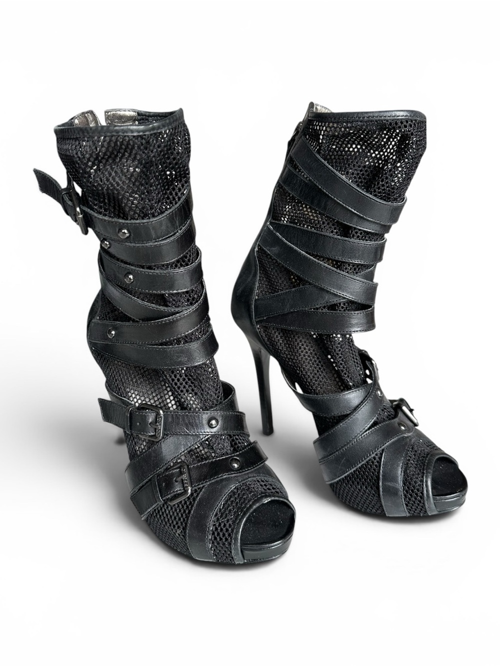 Guess Black Straps Mesh High-Heel Boots 7M - Picture 2 of 4